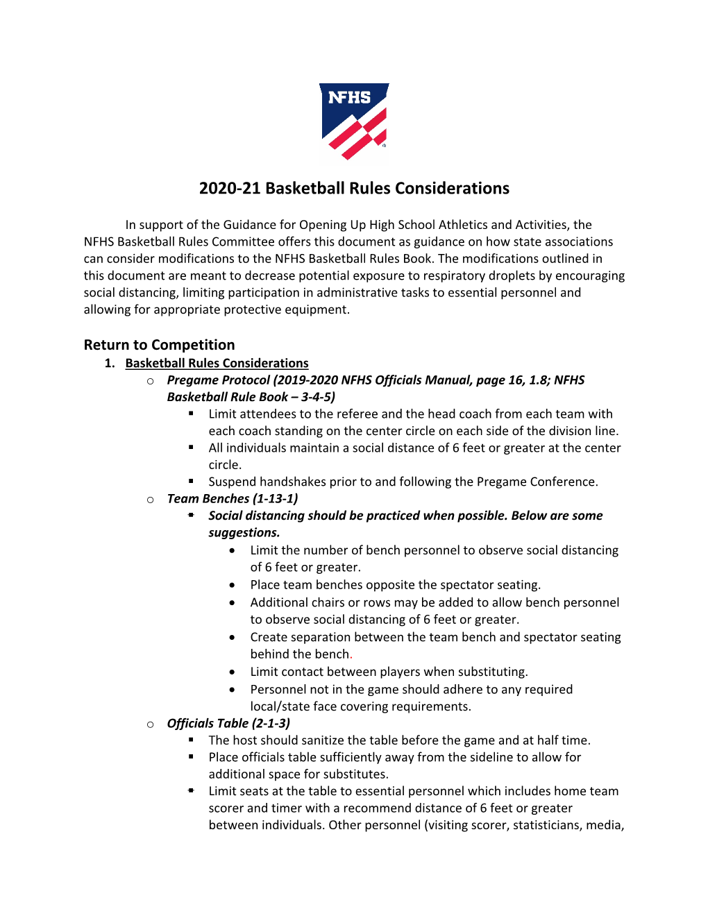 2020-21 Basketball Rules Considerations