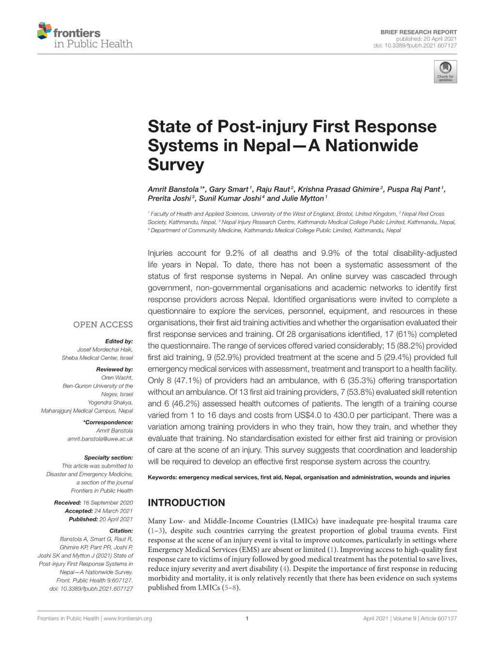 State of Post-Injury First Response Systems in Nepal—A Nationwide Survey
