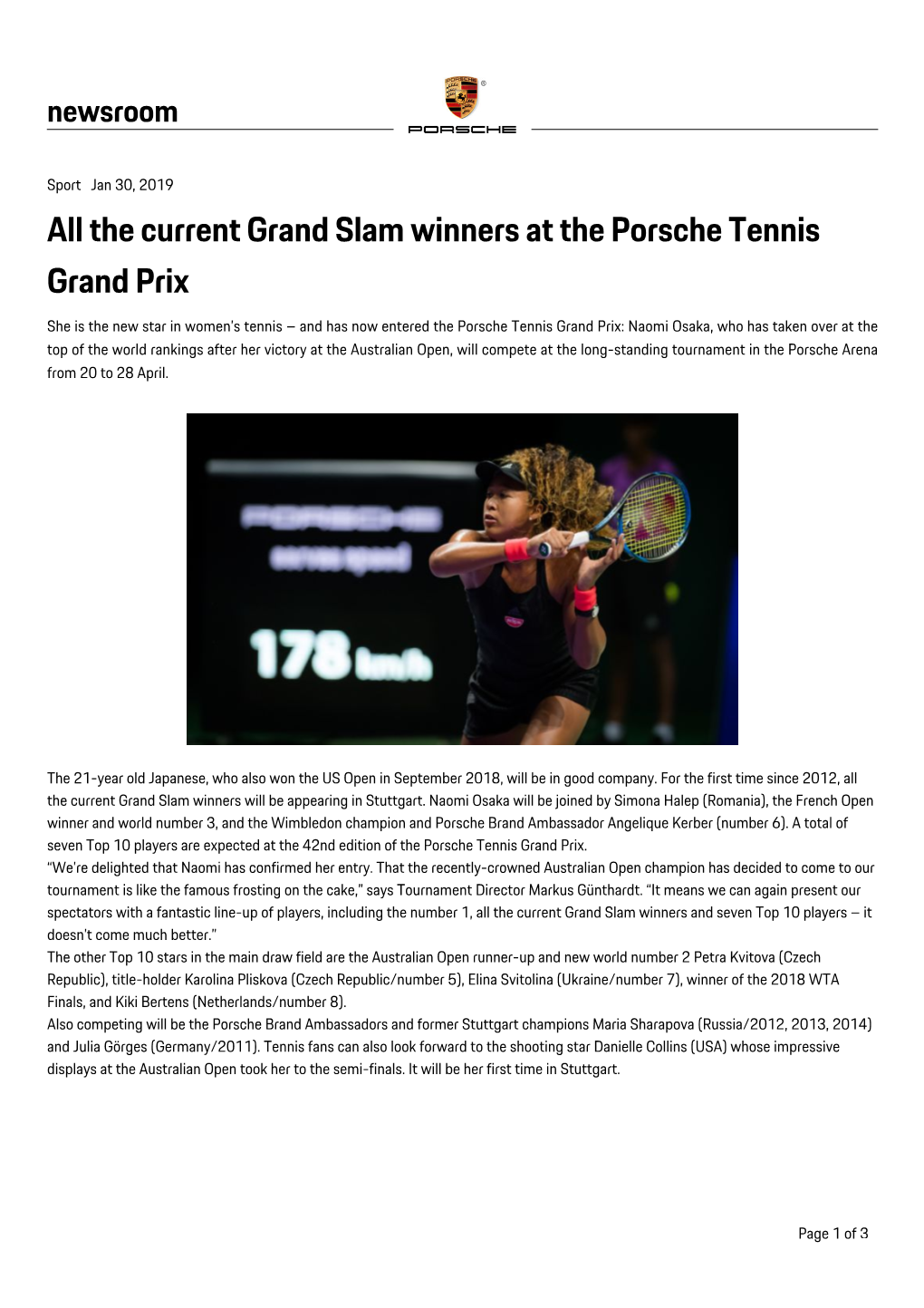 All the Current Grand Slam Winners at the Porsche Tennis Grand Prix, Press Release, 01/30/2019, Porsche AG