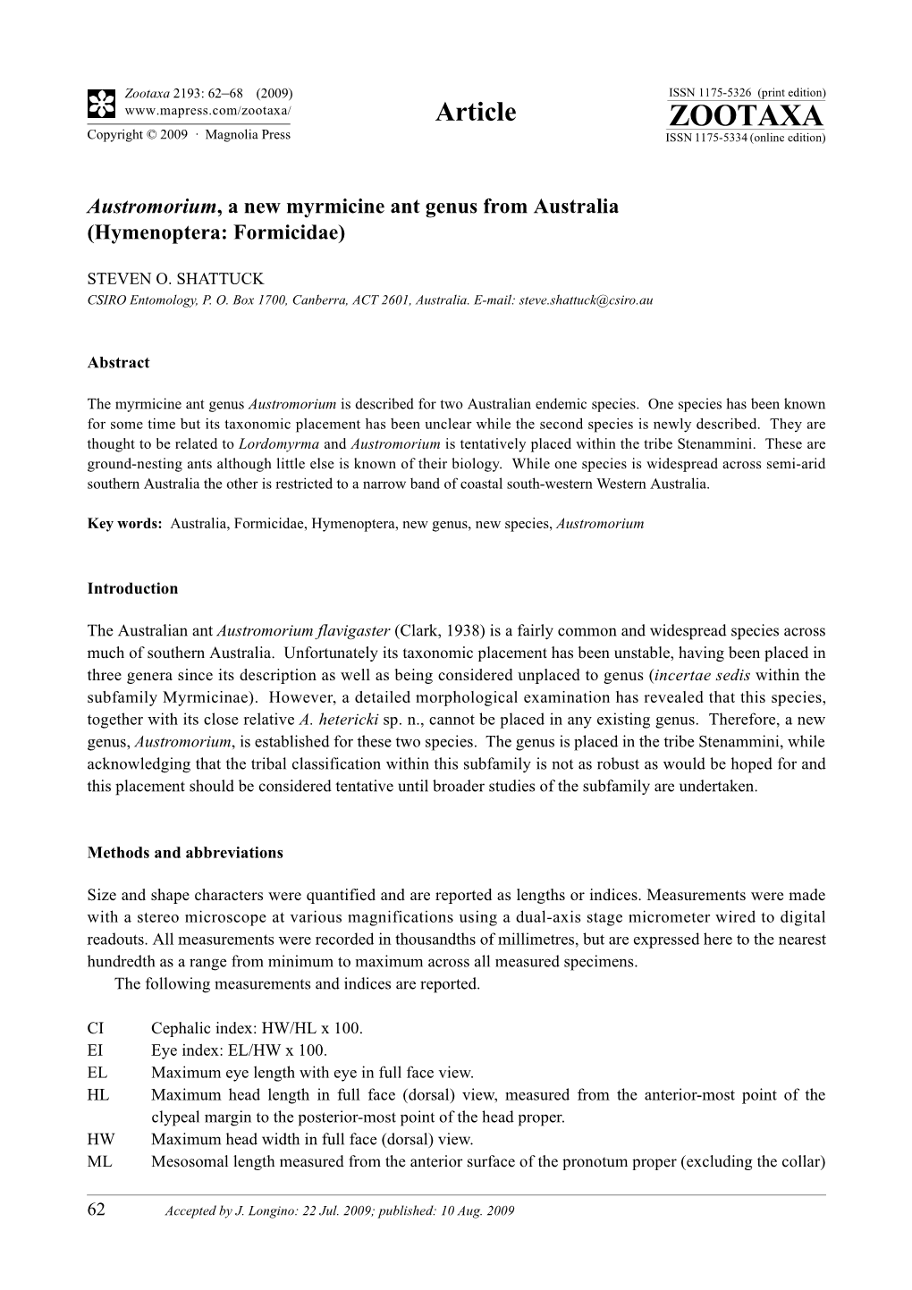 Zootaxa, Austromorium, a New Myrmicine Ant Genus from Australia