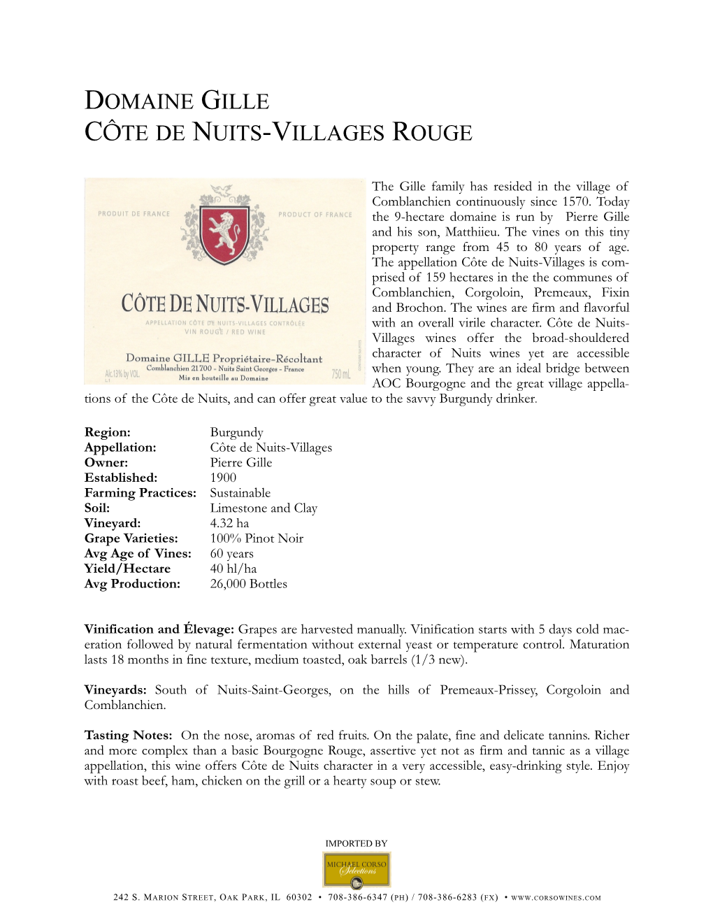 Cotes Du Nuits Villages Rouge Gille Tech Sheet