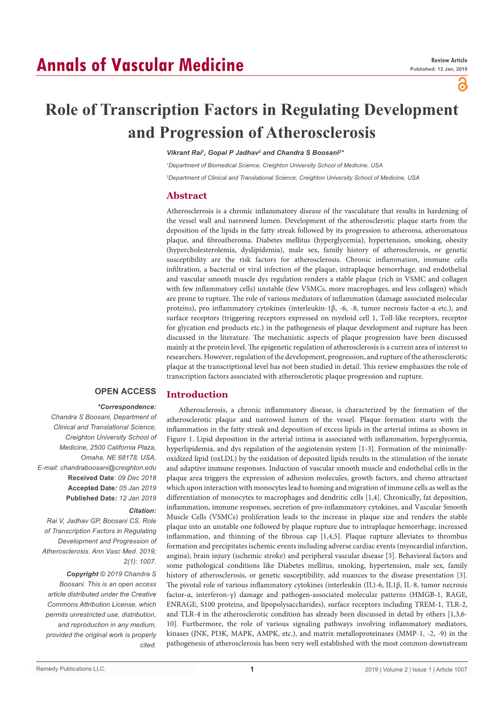 Role of Transcription Factors in Regulating Development and Progression of Atherosclerosis