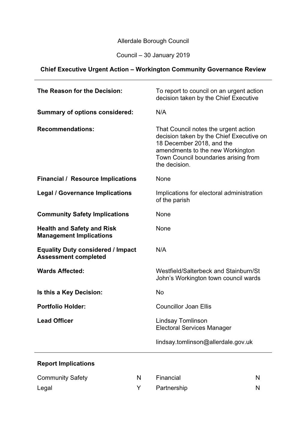 Chief Executive Urgent Action – Workington Community Governance Review