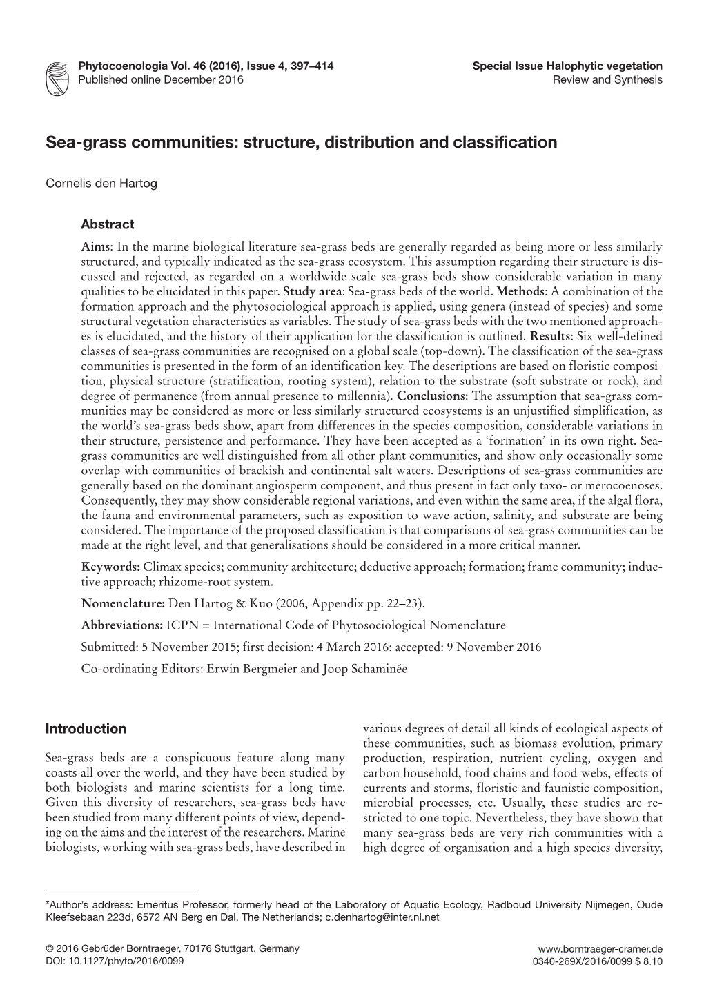 Sea-Grass Communities: Structure, Distribution and Classification