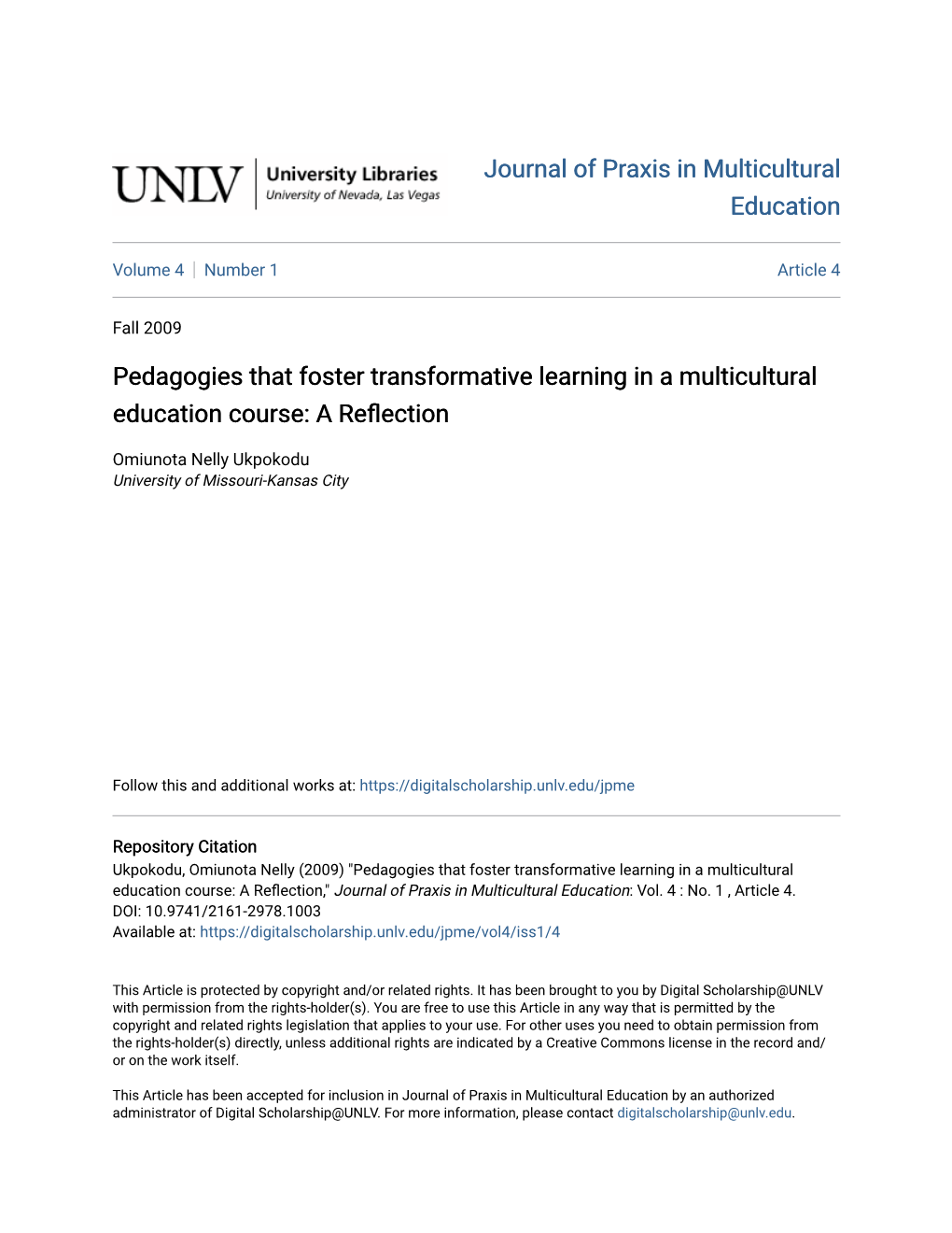 Pedagogies That Foster Transformative Learning in a Multicultural Education Course: a Reflection