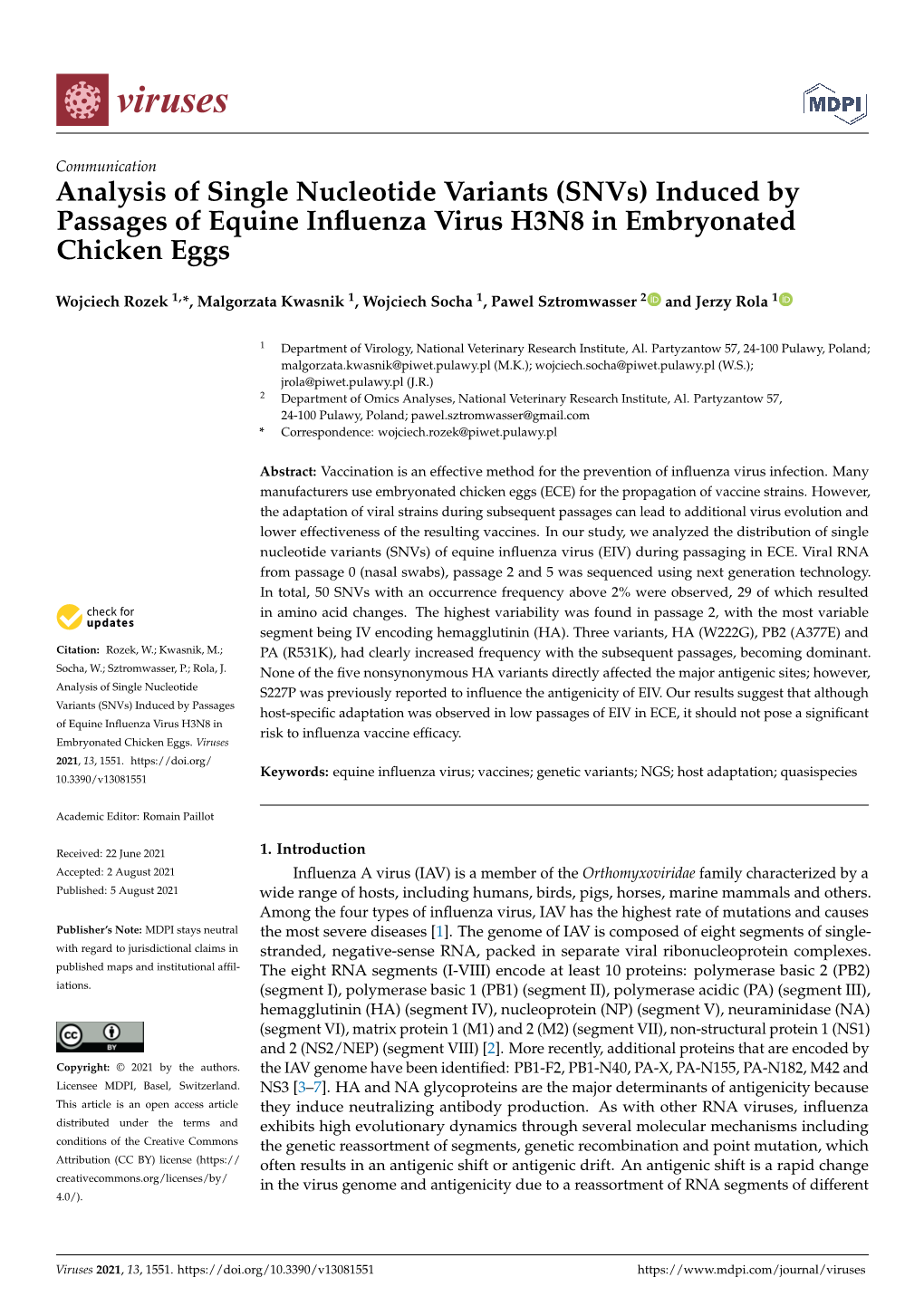 Analysis of Single Nucleotide Variants (Snvs) Induced by Passages of Equine Influenza Virus H3N8 in Embryonated Chicken Eggs