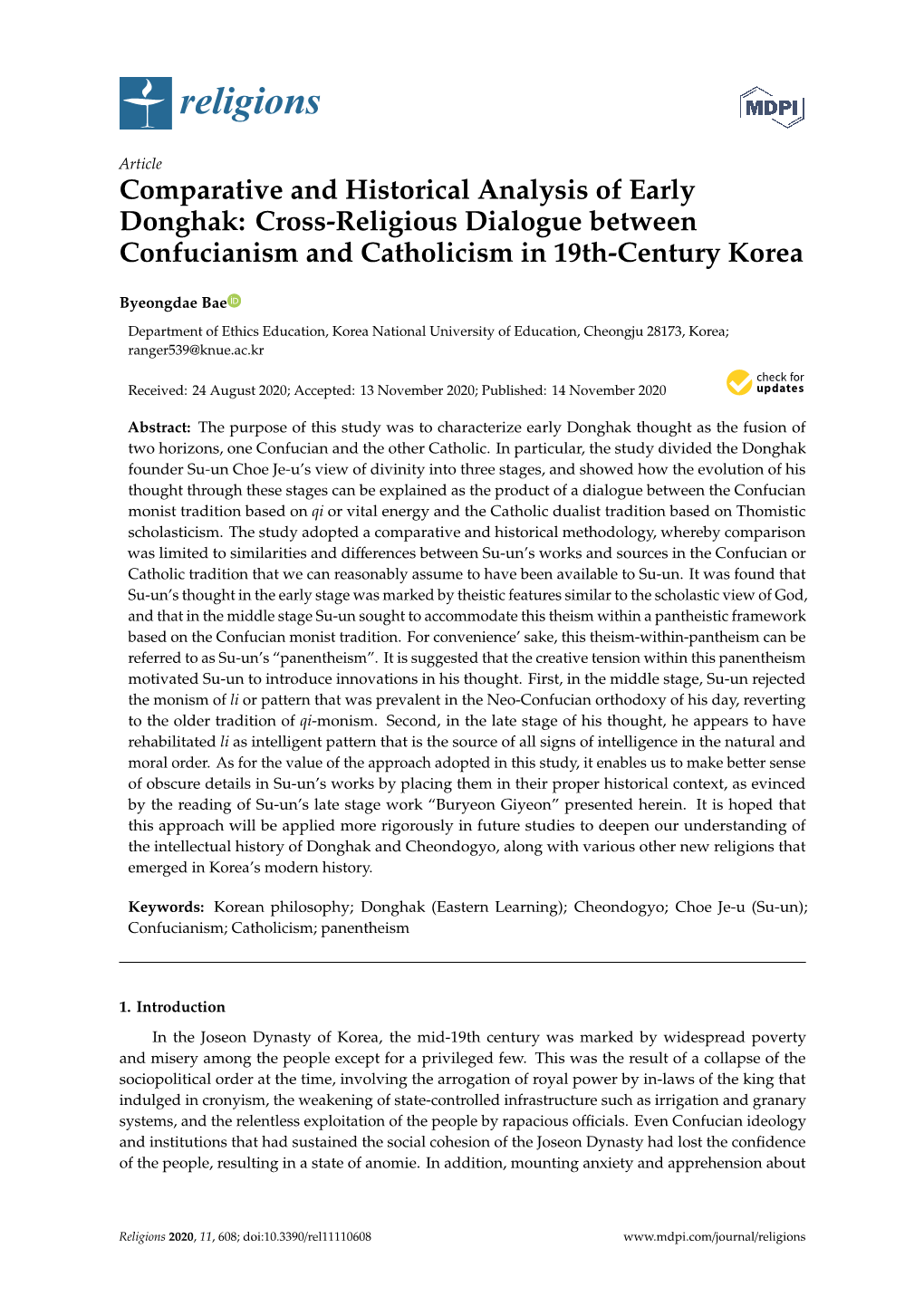 Comparative and Historical Analysis of Early Donghak: Cross-Religious Dialogue Between Confucianism and Catholicism in 19Th-Century Korea