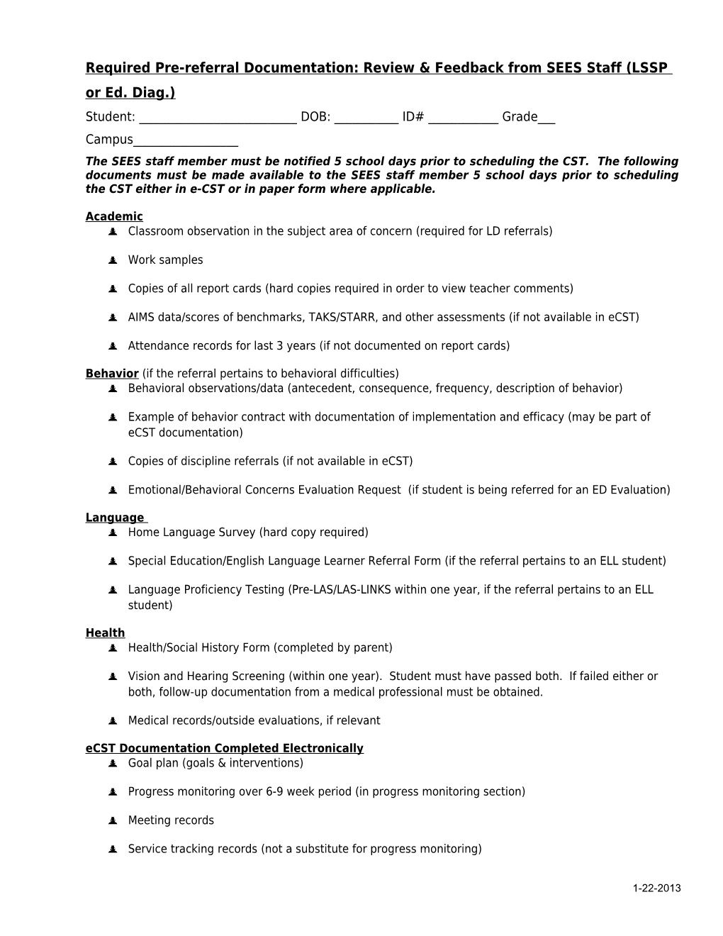 Special Education Referral Checklist