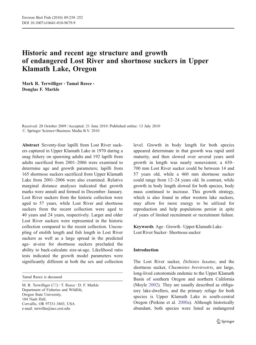 Historic and Recent Age Structure and Growth of Endangered Lost River and Shortnose Suckers in Upper Klamath Lake, Oregon