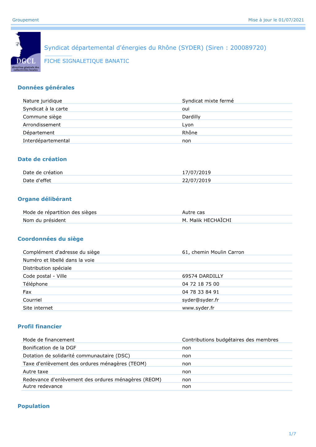 Syndicat Départemental D'énergies Du Rhône (SYDER) (Siren : 200089720)