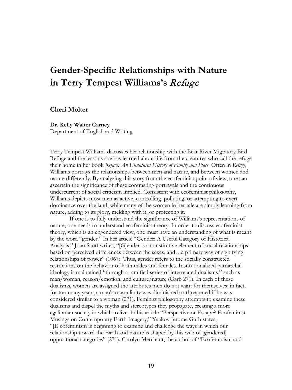 Gender-Specific Relationships with Nature in Terry Tempest Williams's