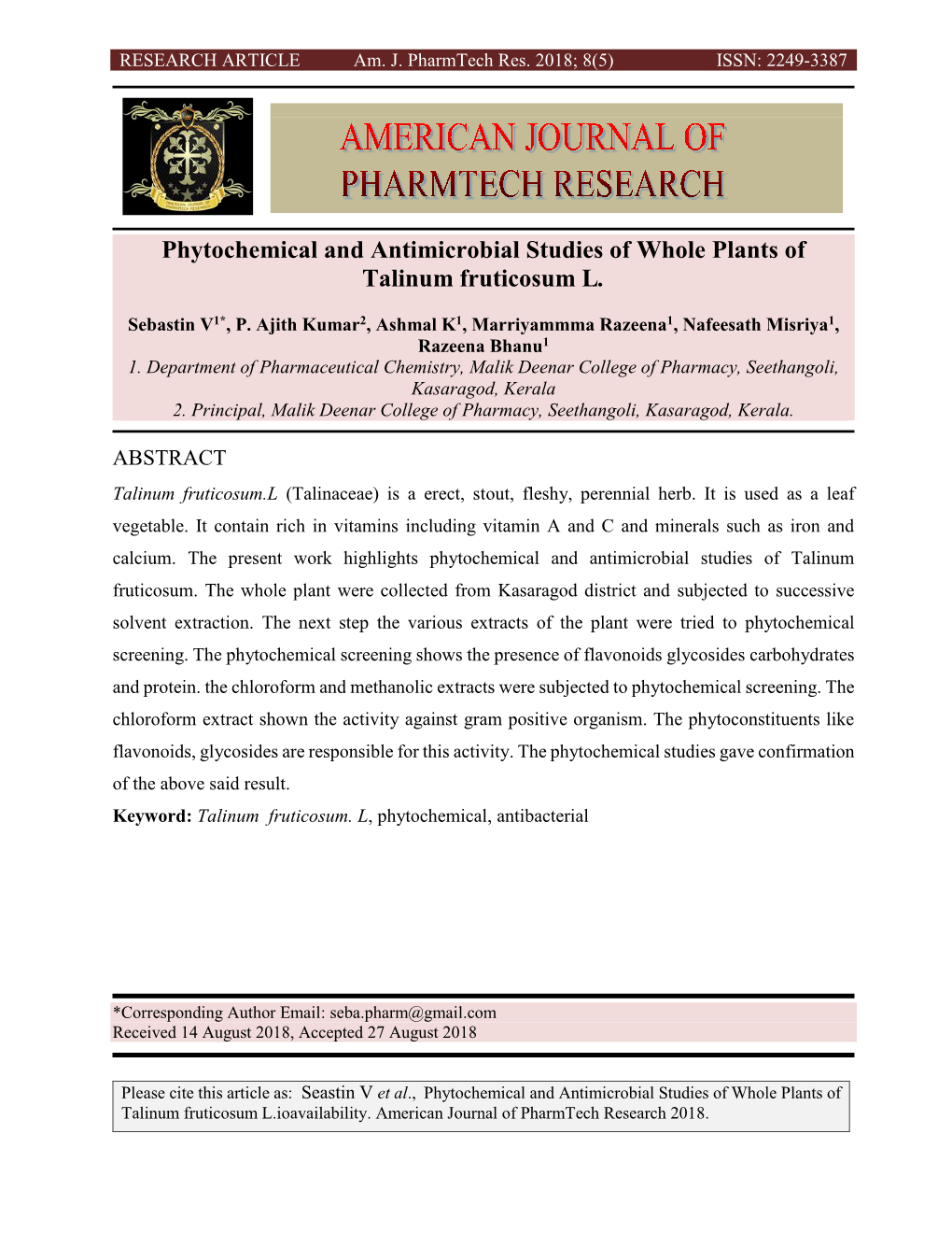 Phytochemical and Antimicrobial Studies of Whole Plants of Talinum Fruticosum L