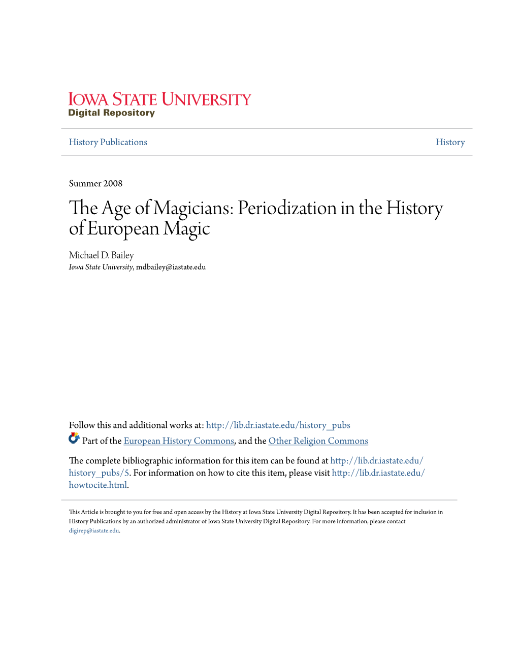 The Age of Magicians: Periodization in the History of European Magic Michael D