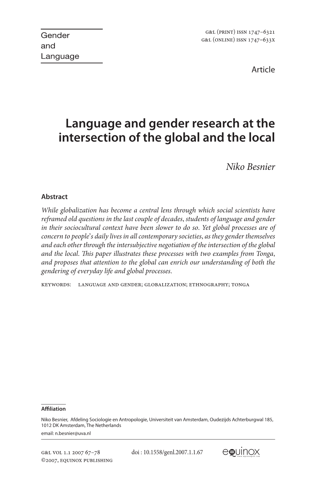 Language and Gender Research at the Intersection of the Global and the Local