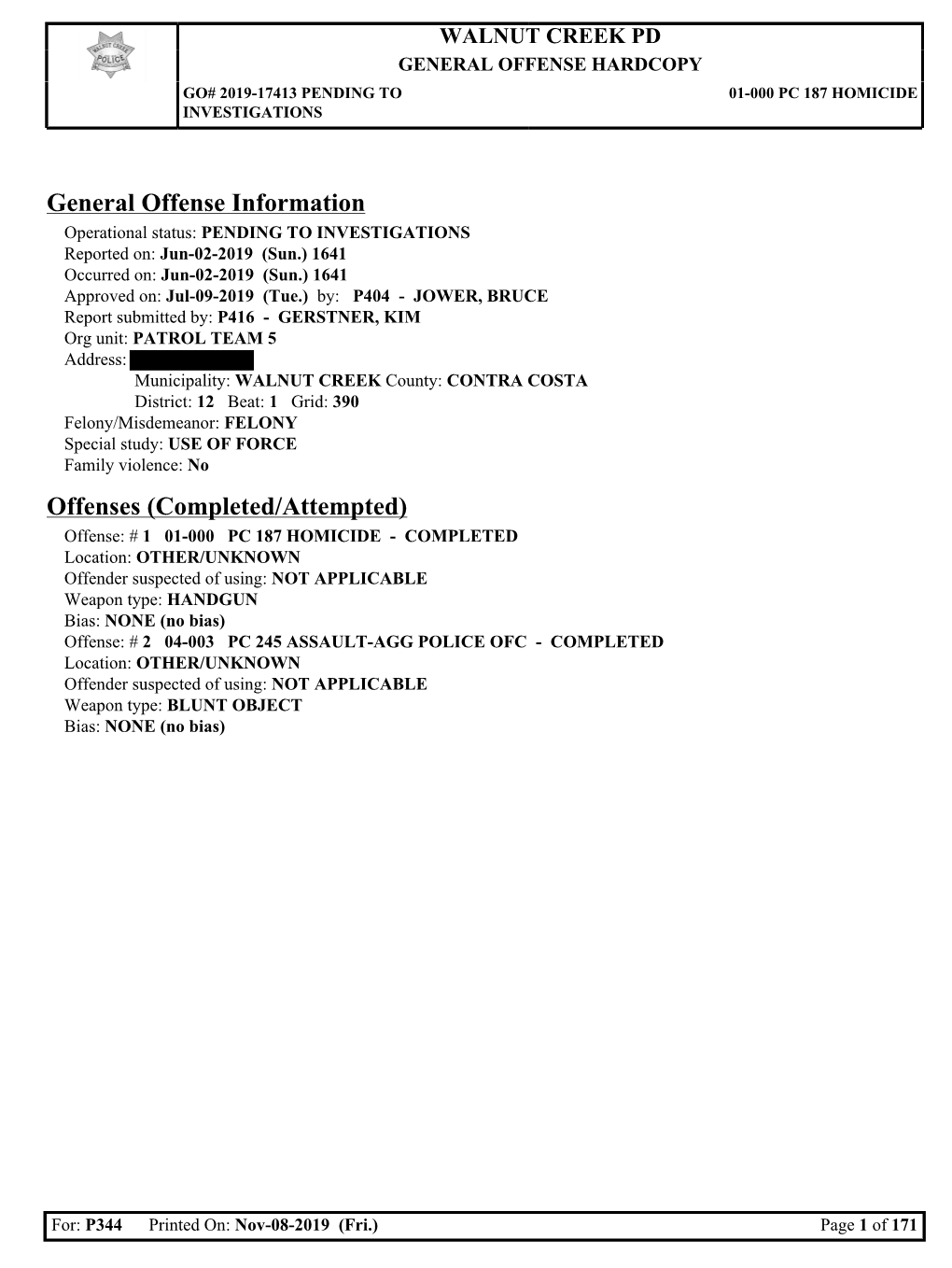 Walnut Creek Police Department Complete Investigative Report