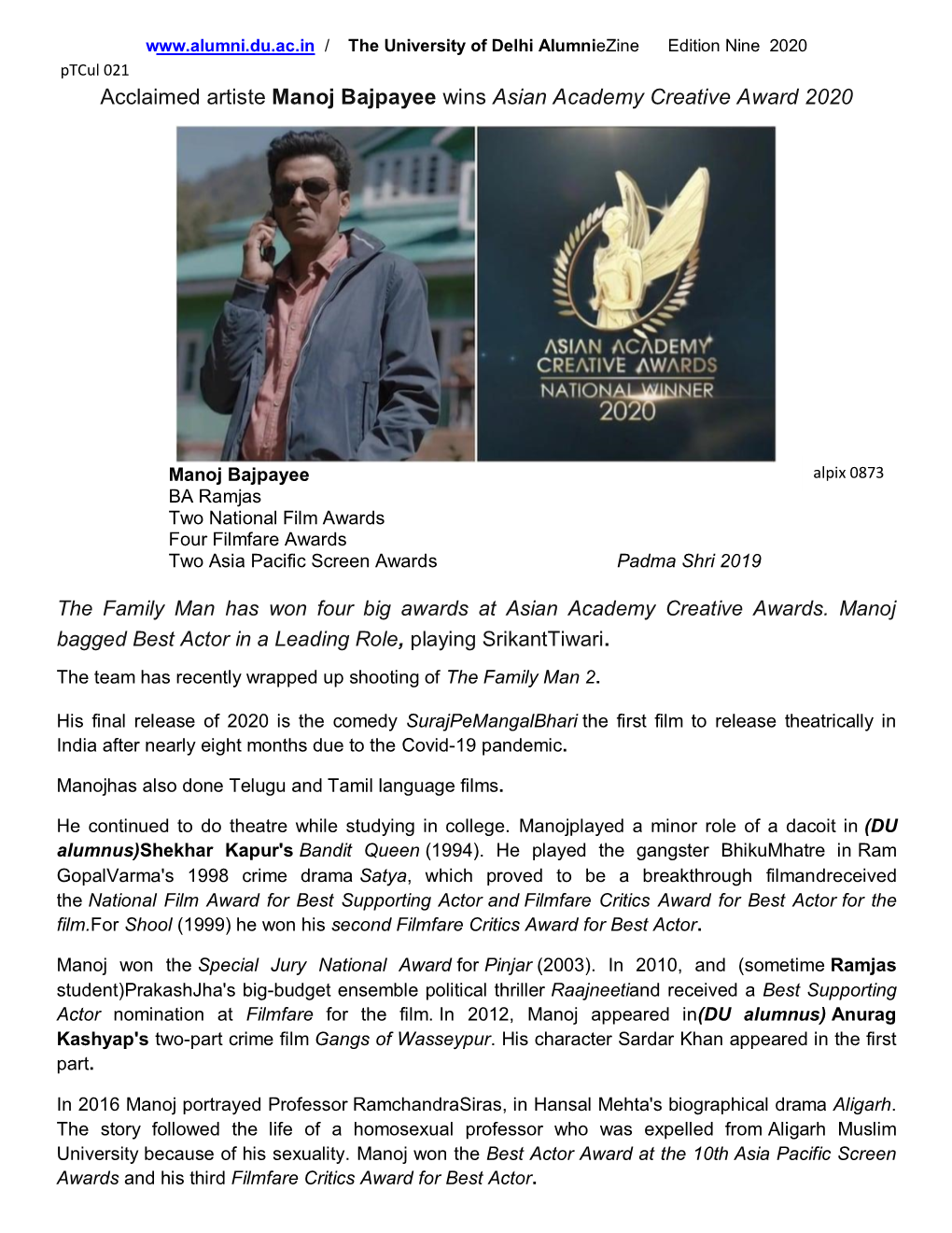 Acclaimed Artiste Manoj Bajpayee Wins Asian Academy Creative Award 2020 the Family Man Has Won Four Big Awards at Asian Academy