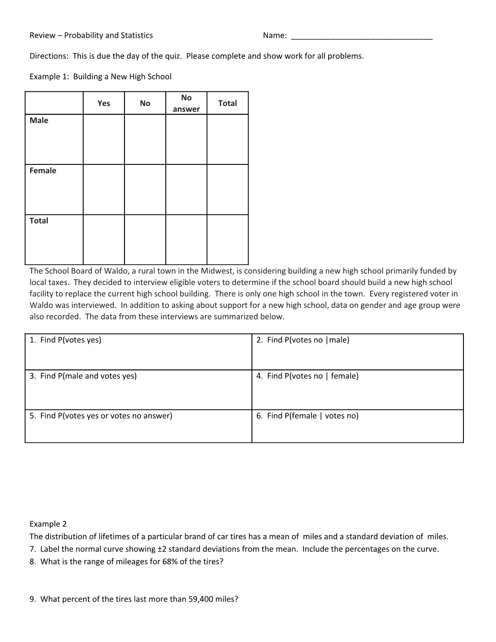 Review Probability and Statistics Name: ______