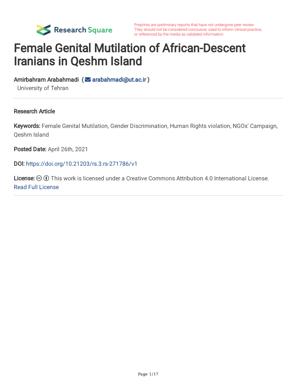 Female Genital Mutilation of African-Descent Iranians in Qeshm Island
