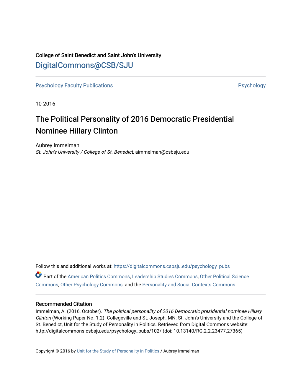 The Political Personality of 2016 Democratic Presidential Nominee Hillary Clinton