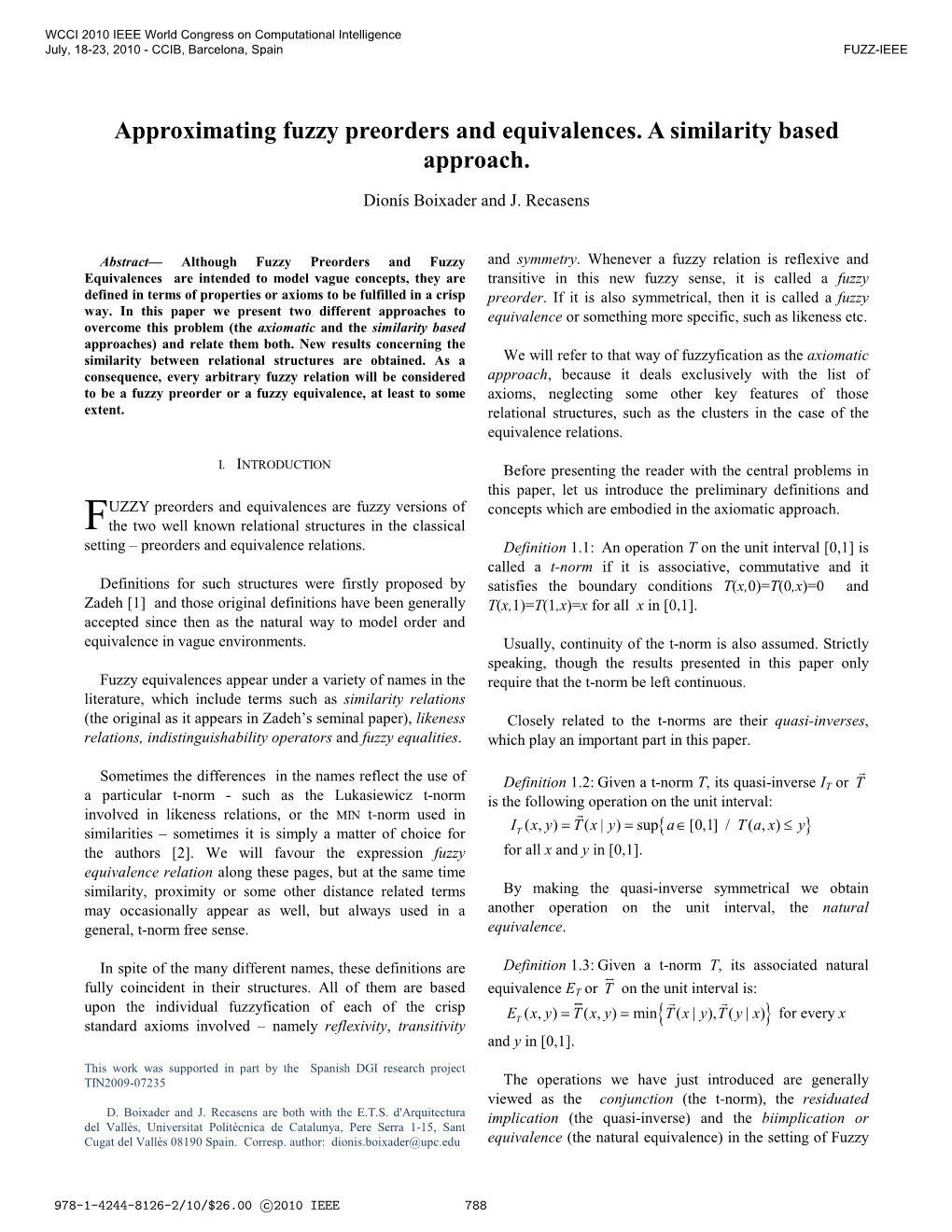 Approximating Fuzzy Preorders and Equivalences. a Similarity Based Approach