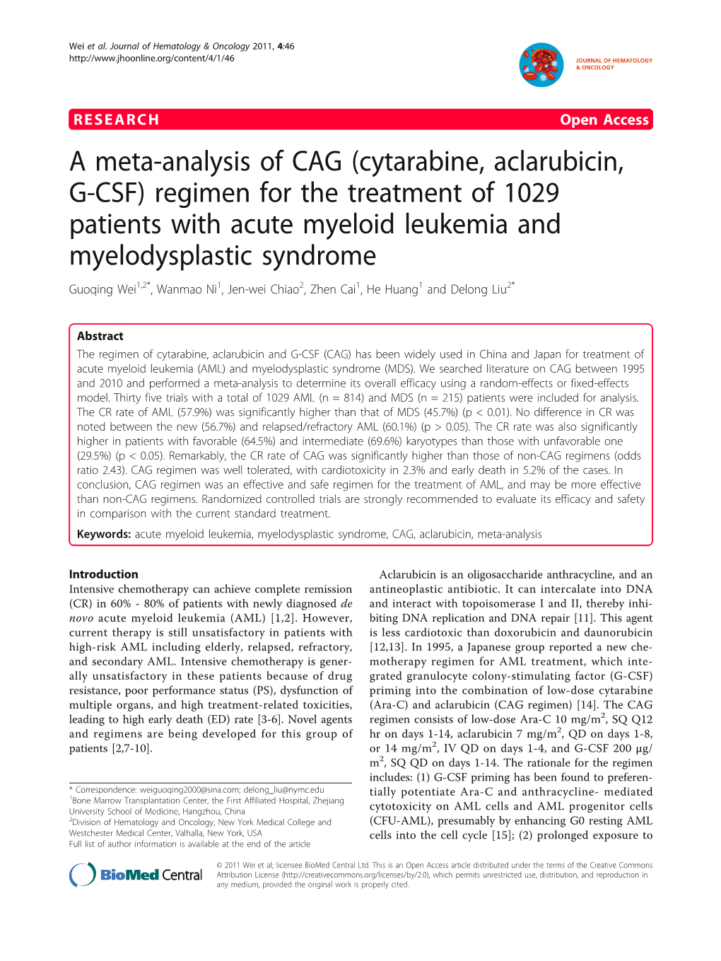 A Meta-Analysis of CAG (Cytarabine, Aclarubicin, G-CSF)