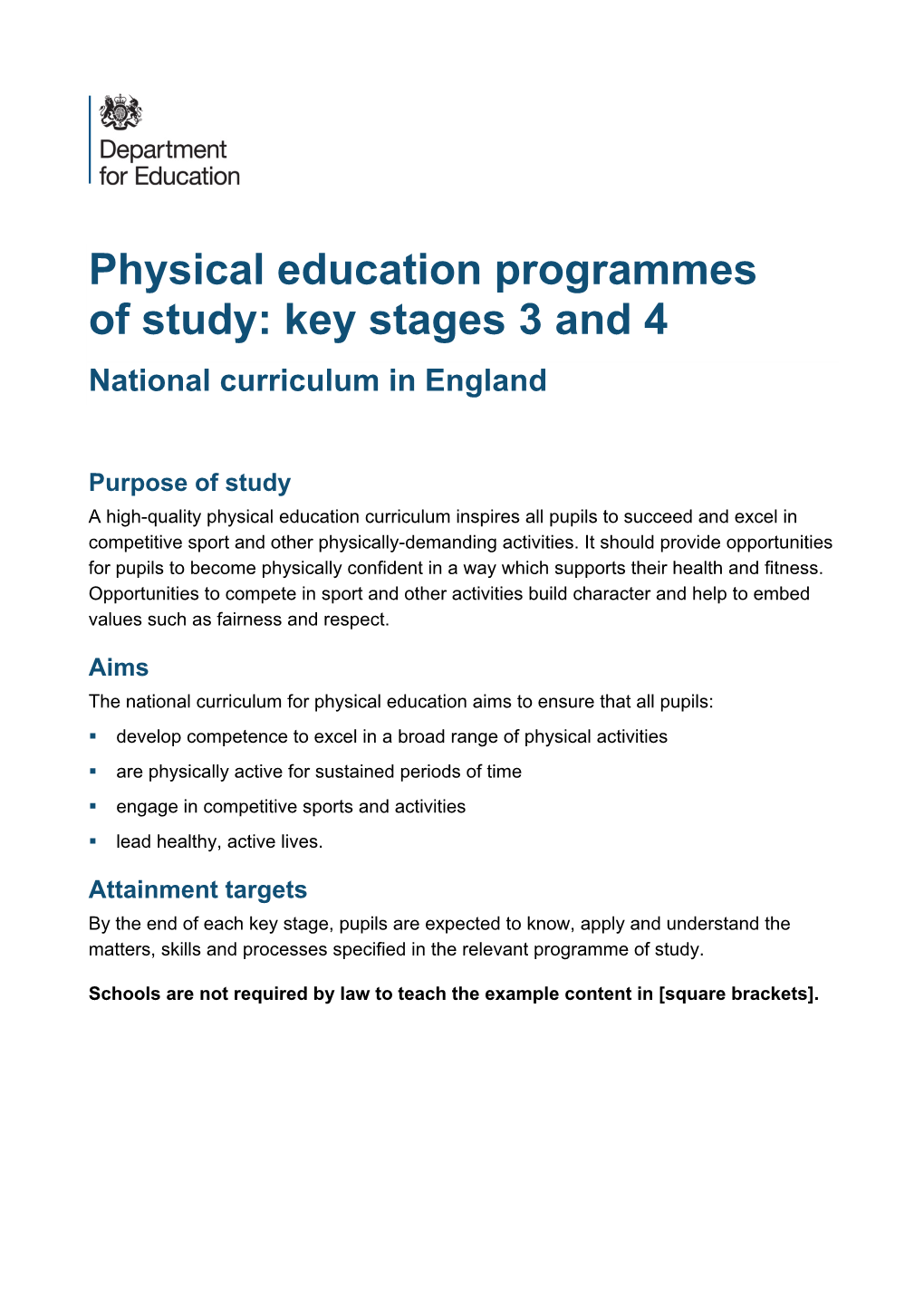 Physical Education Programmes of Study: Key Stage 3 & 4