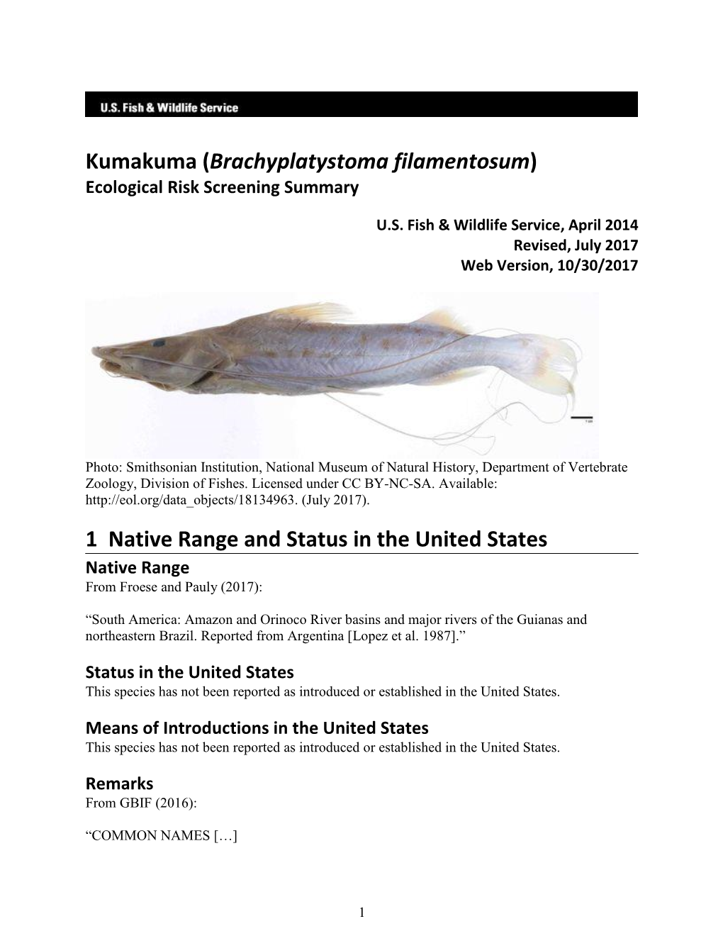 Brachyplatystoma Filamentosum) Ecological Risk Screening Summary