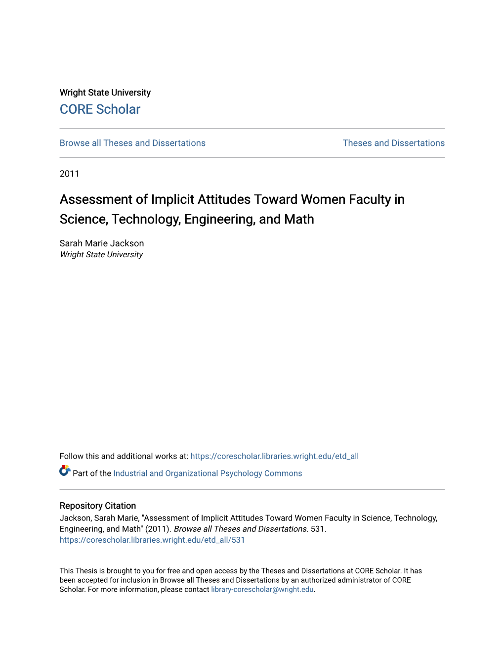Assessment of Implicit Attitudes Toward Women Faculty in Science, Technology, Engineering, and Math