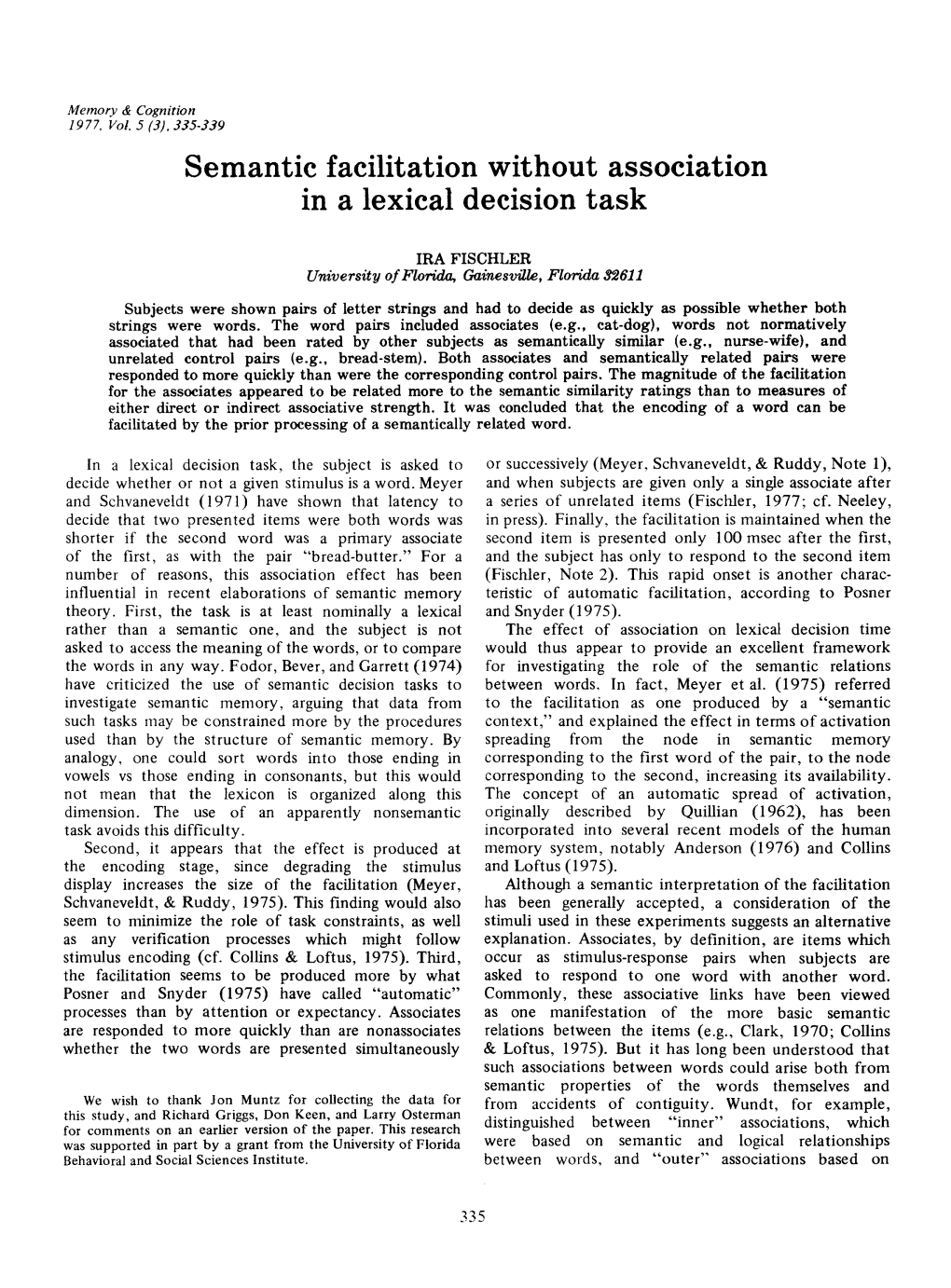 Semantic Facilitation Without Association in a Lexical Decision Task