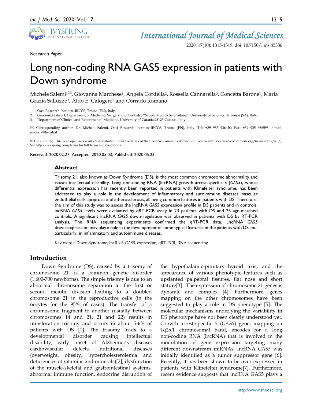 Long Non-Coding RNA GAS5 Expression in Patients with Down