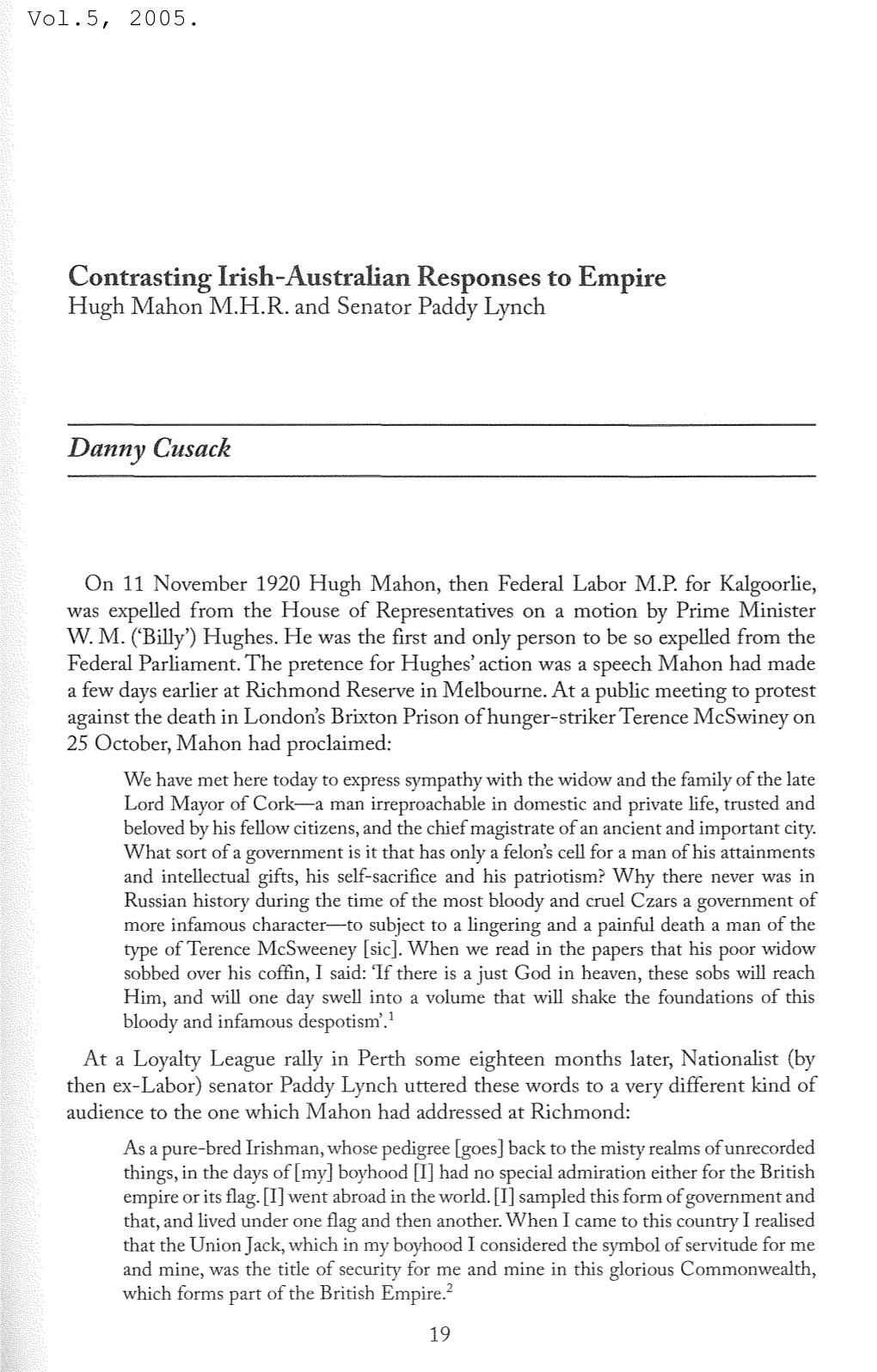 Contrasting Irish-Australian Responses to Empire Danny Cusack