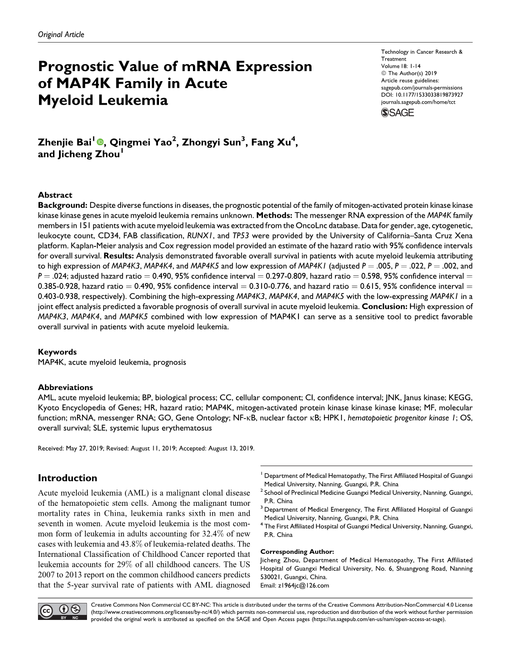 Prognostic Value of Mrna Expression of MAP4K Family in Acute Myeloid