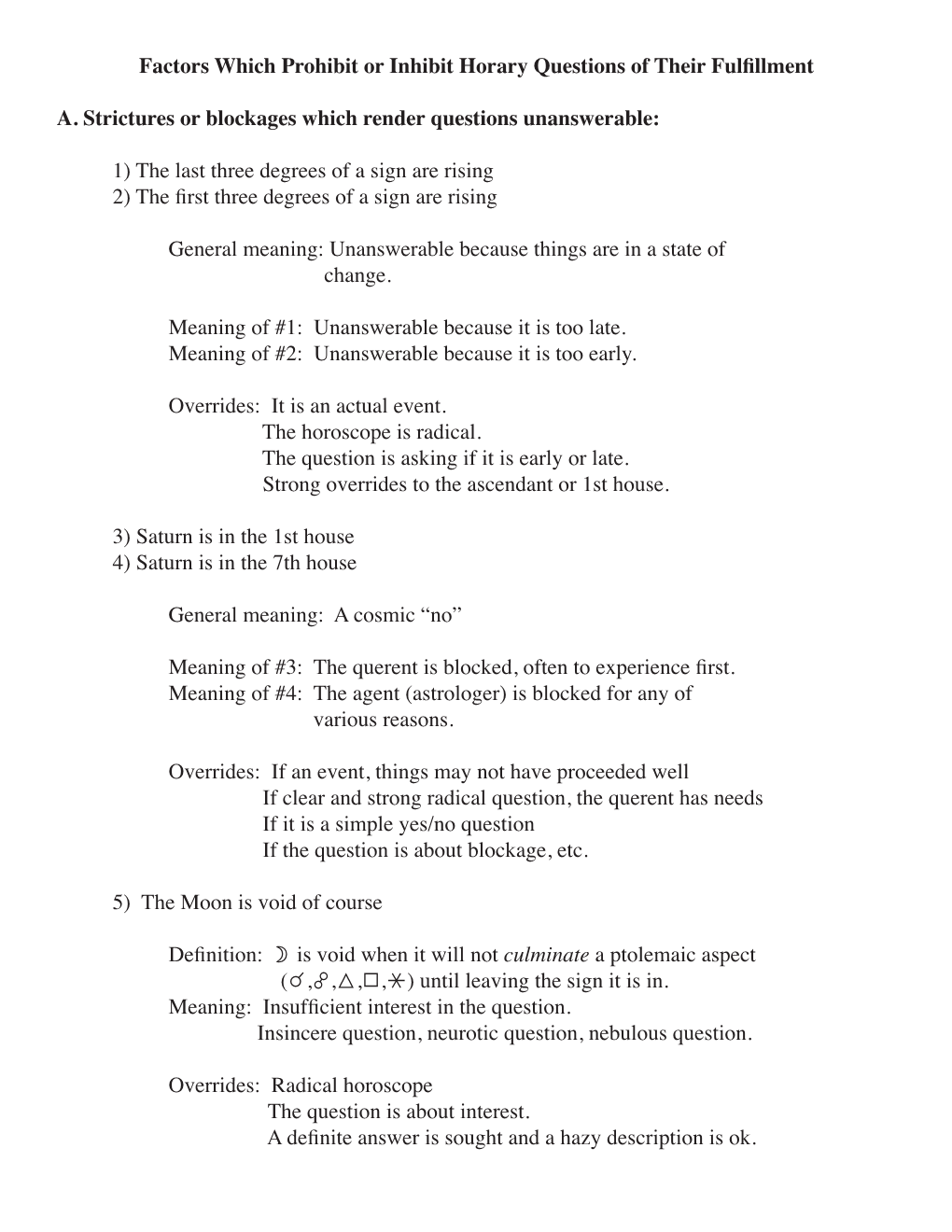 Factors Which Prohibit Or Inhibit Horary Questions of Their Fulfillment