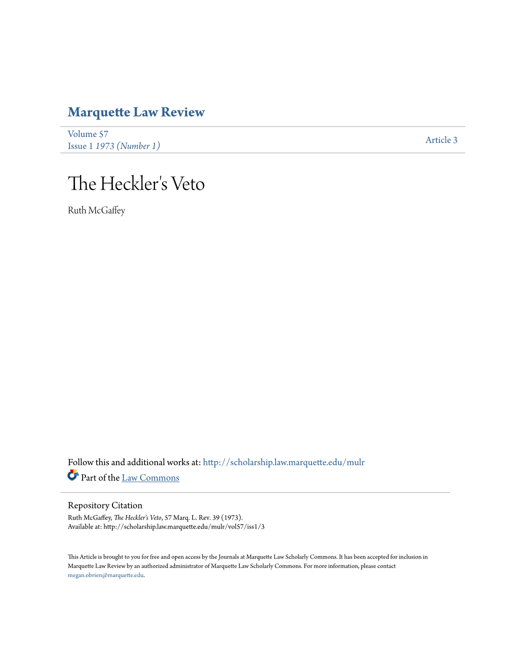 The Heckler's Veto, 57 Marq