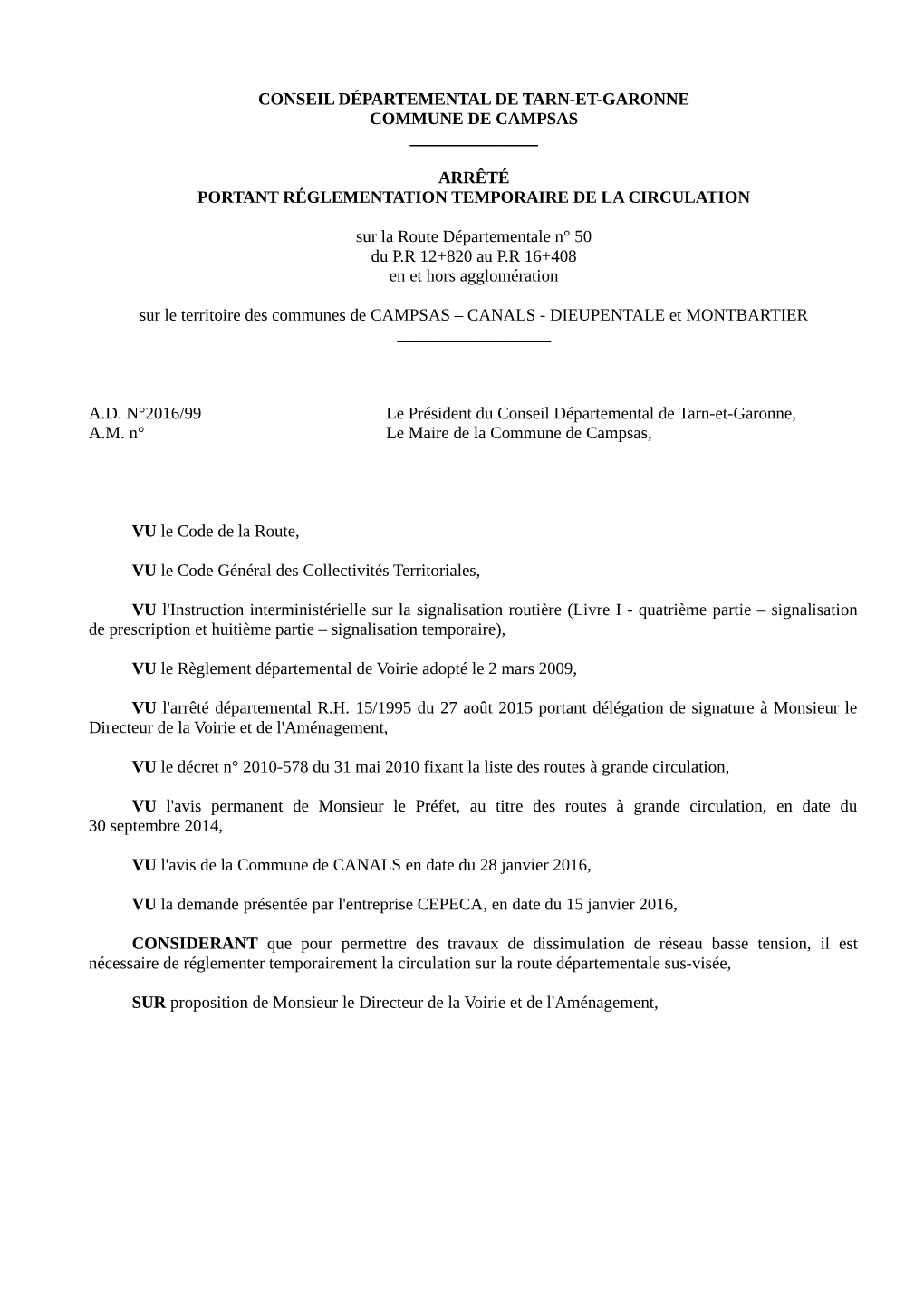 Arrêté Portant Réglementation Temporaire De La Circulation