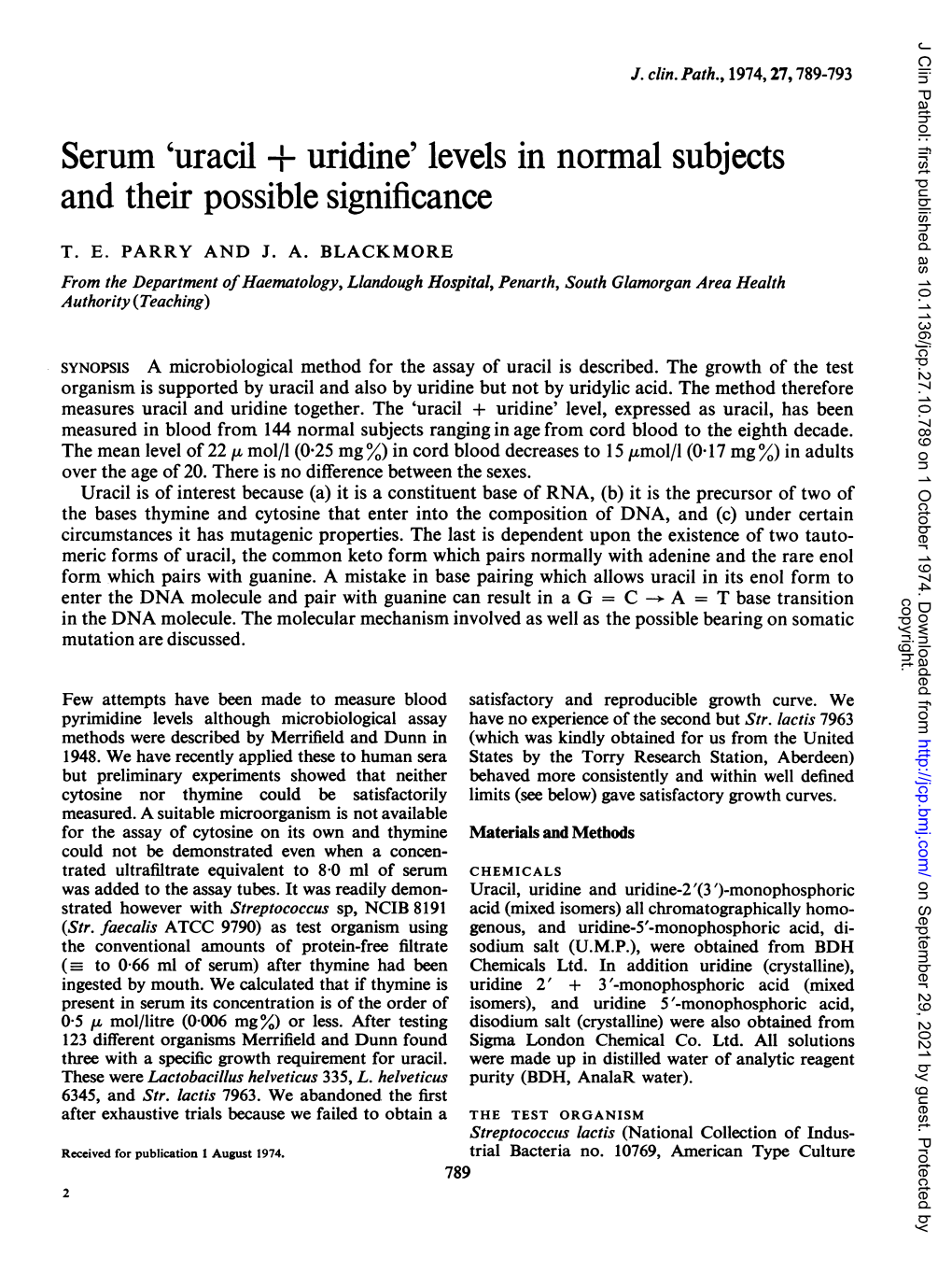 Serum 'Uracil + Uridine' Levels in Normal Subjects and Their Possible Significance