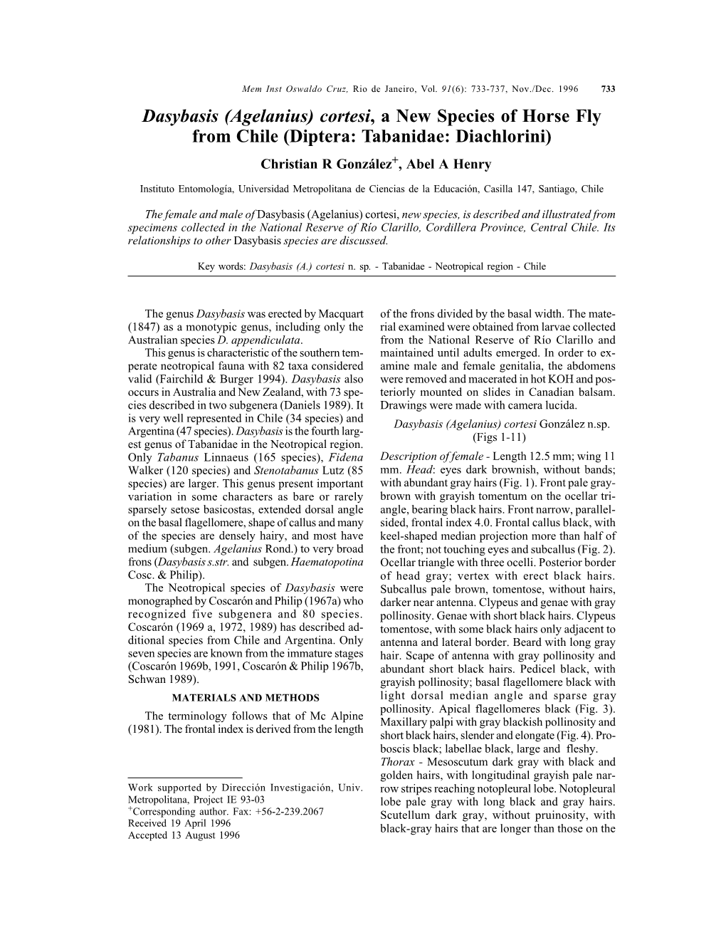 Diptera: Tabanidae: Diachlorini) Christian R González+, Abel a Henry