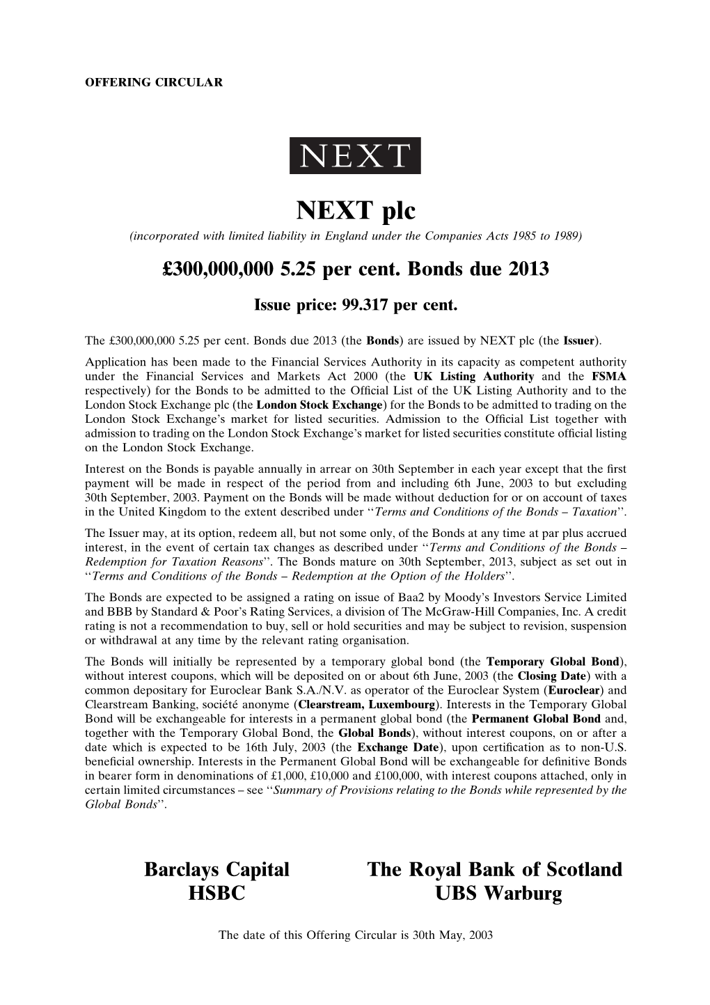 NEXT Plc (Incorporated with Limited Liability in England Under the Companies Acts 1985 to 1989) £300,000,000 5.25 Per Cent