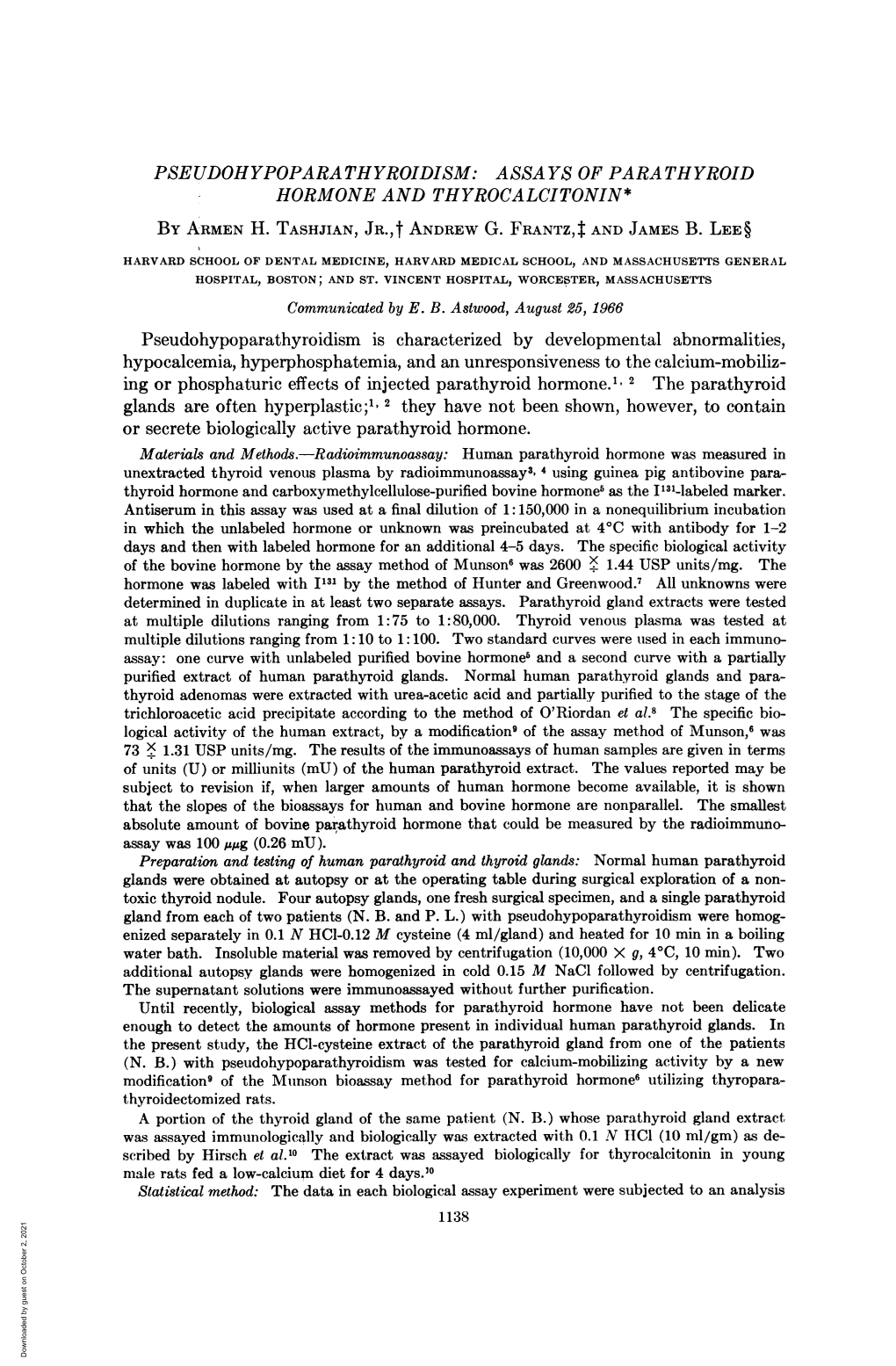 ASSAYS of PARA THYROID HORMONE and THYROCALCITONIN* Pseudohypoparathyroidism Is Characterized by Deve