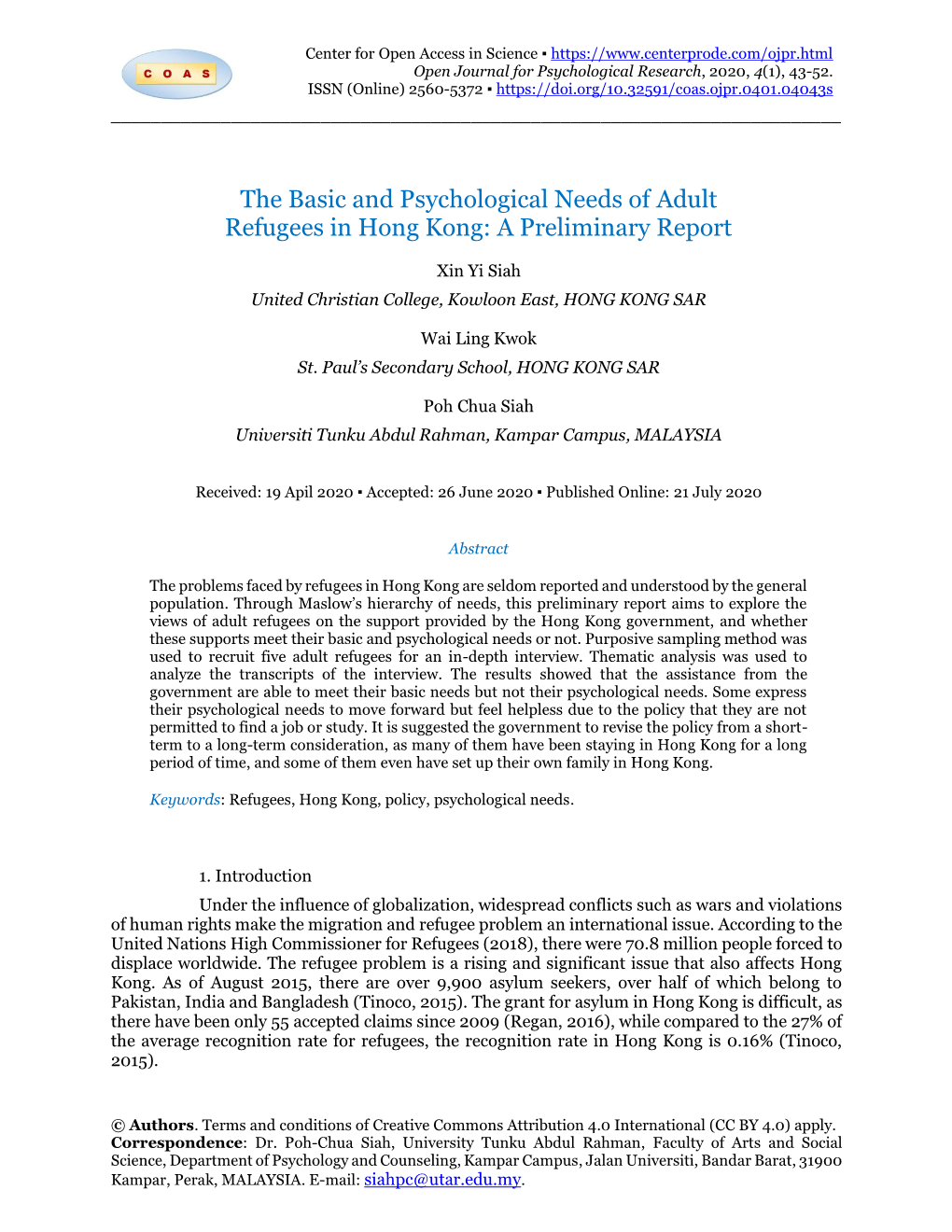 The Basic and Psychological Needs of Adult Refugees in Hong Kong: a Preliminary Report