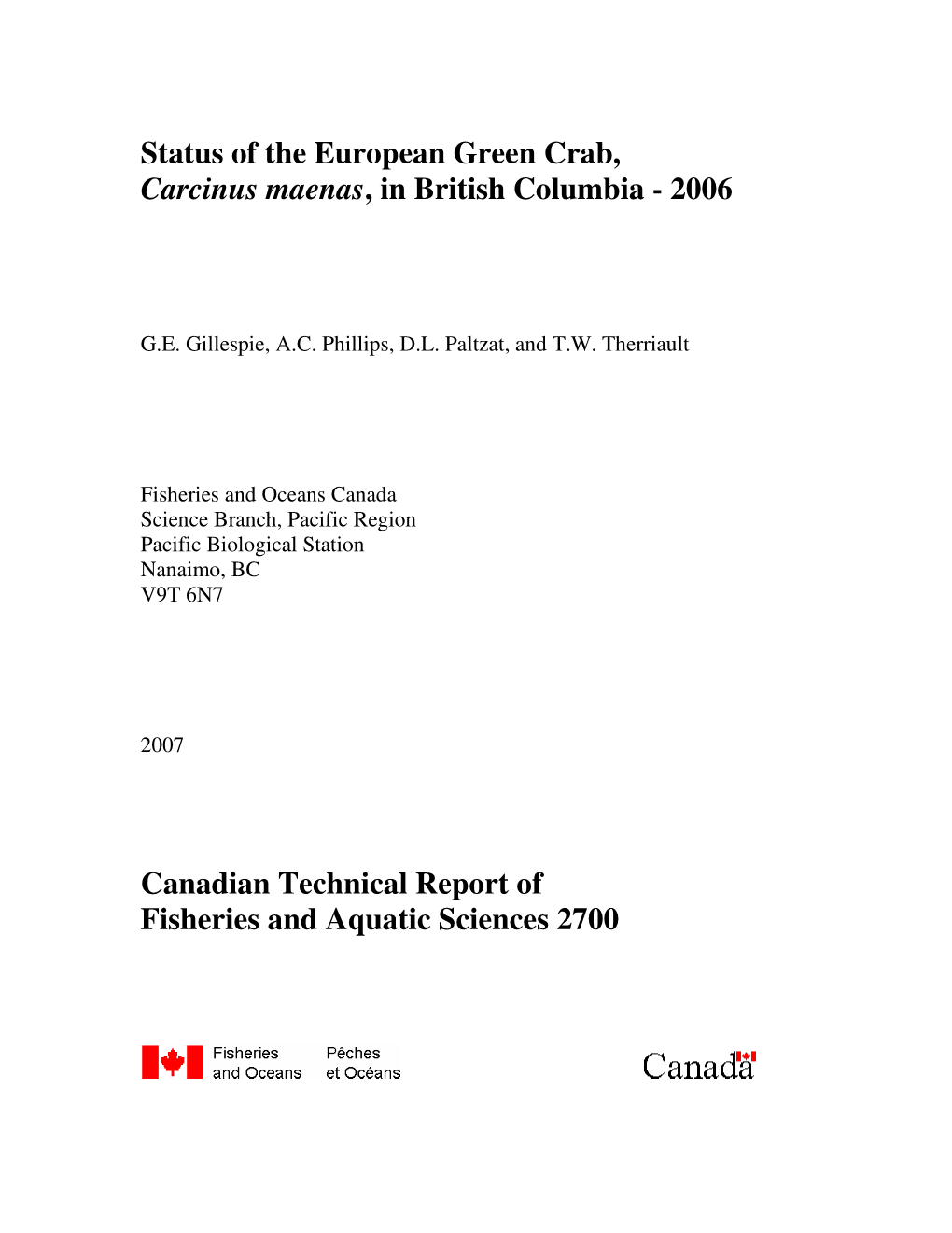 Status of the European Green Crab, Carcinus Maenas, in British Columbia