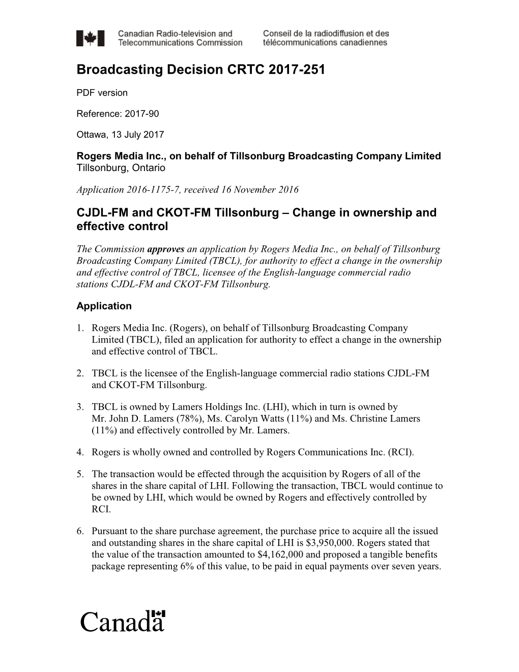 CJDL-FM and CKOT-FM Tillsonburg – Change in Ownership and Effective Control