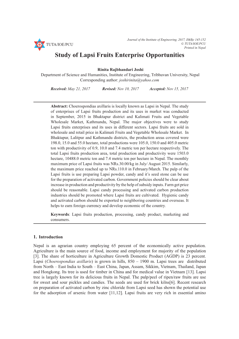 Study of Lapsi Fruits Enterprise Opportunities
