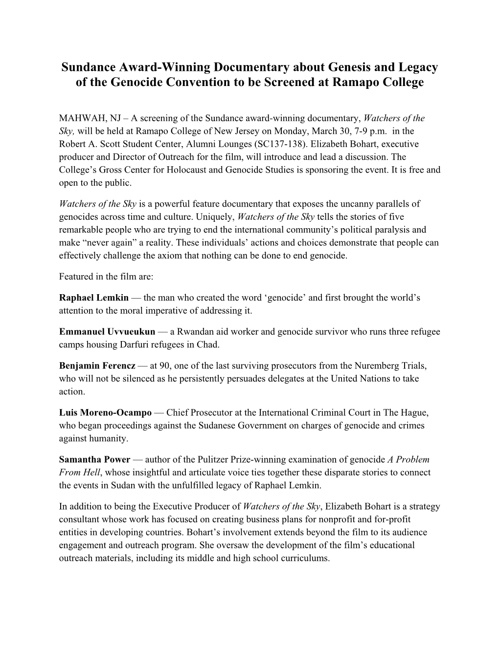 Sundance Award-Winning Documentary About Genesis and Legacy of the Genocide Convention to Be Screened at Ramapo College