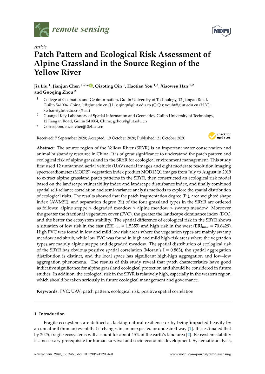 Patch Pattern and Ecological Risk Assessment of Alpine Grassland in the Source Region of the Yellow River