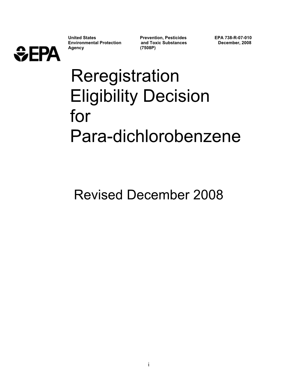 Reregistration Eligibility Decision for Para-Dichlorobenzene