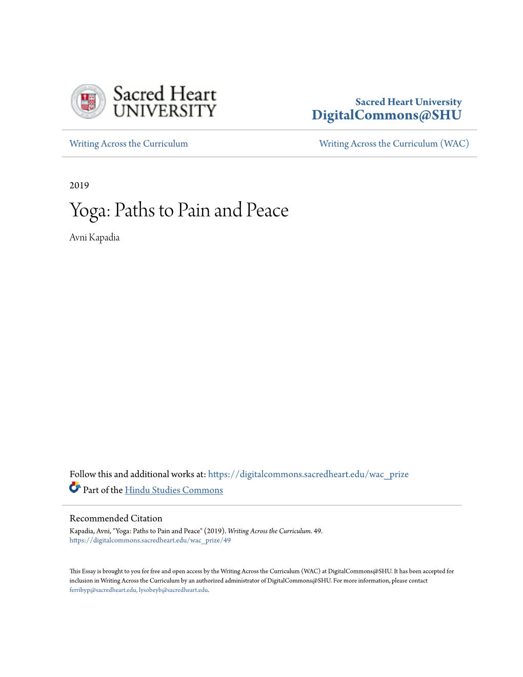 Yoga: Paths to Pain and Peace Avni Kapadia