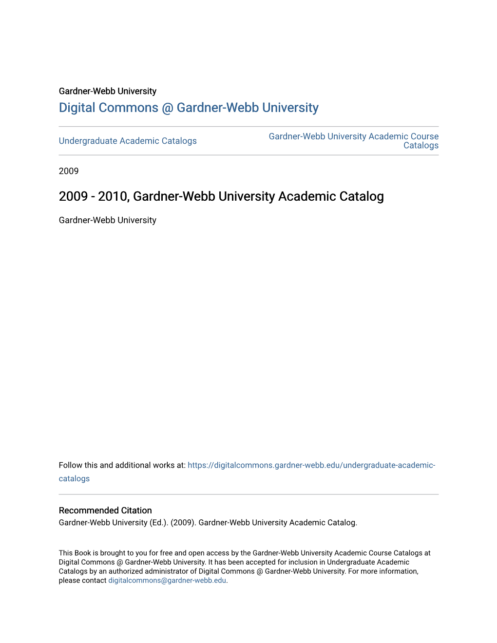 2010, Gardner-Webb University Academic Catalog