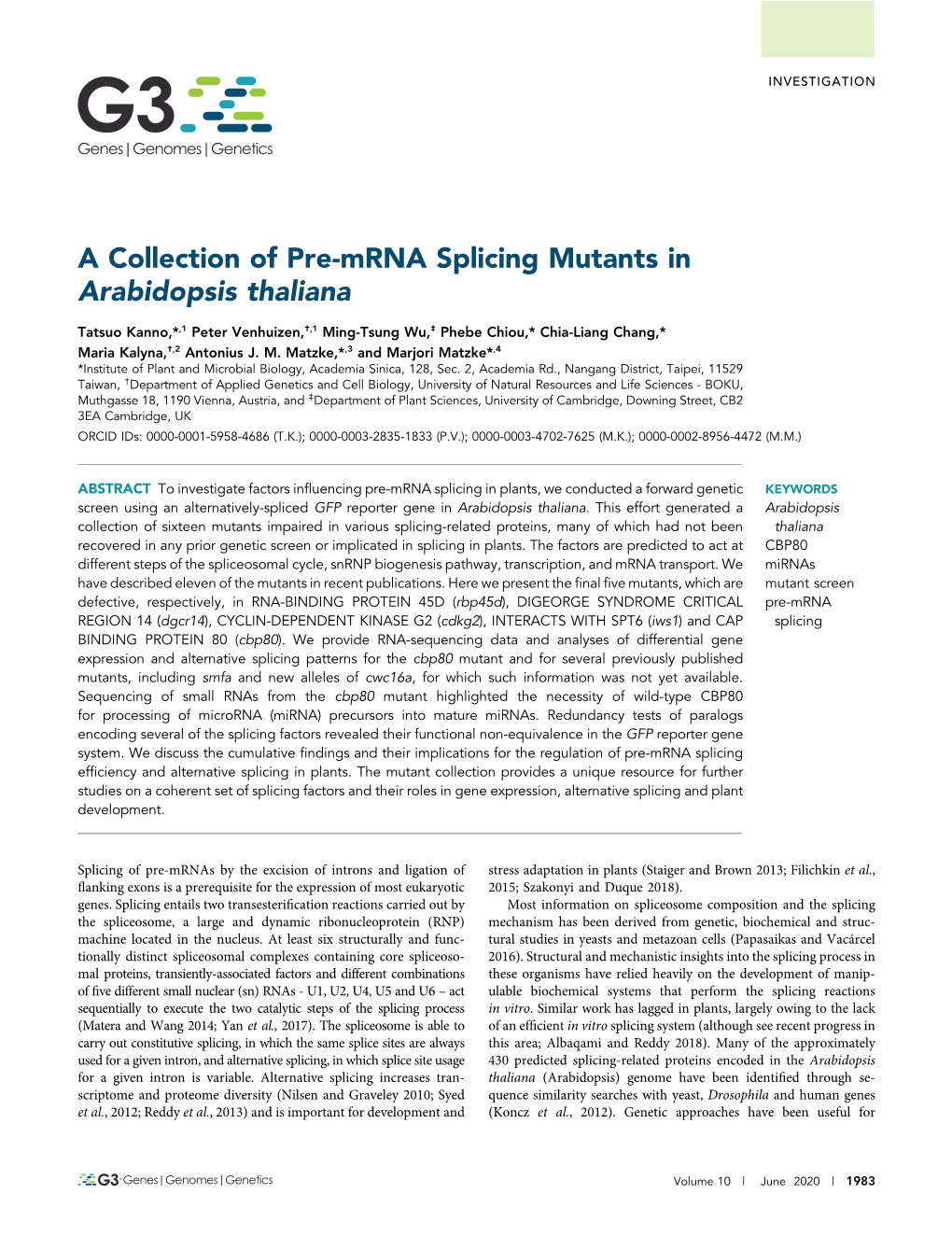 A Collection of Pre-Mrna Splicing Mutants in Arabidopsis Thaliana