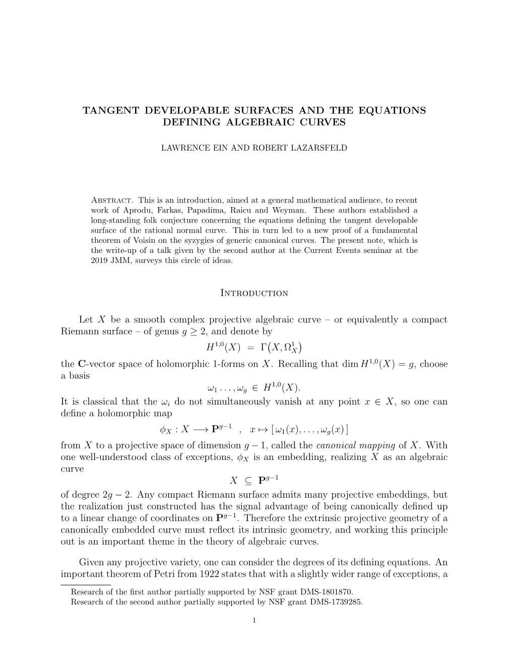 Tangent Developable Surfaces and the Equations Defining Algebraic Curves